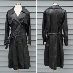 Vintage 70s Black Leather Double Breasted Belted Punk Goth Boho Trench Coat Md